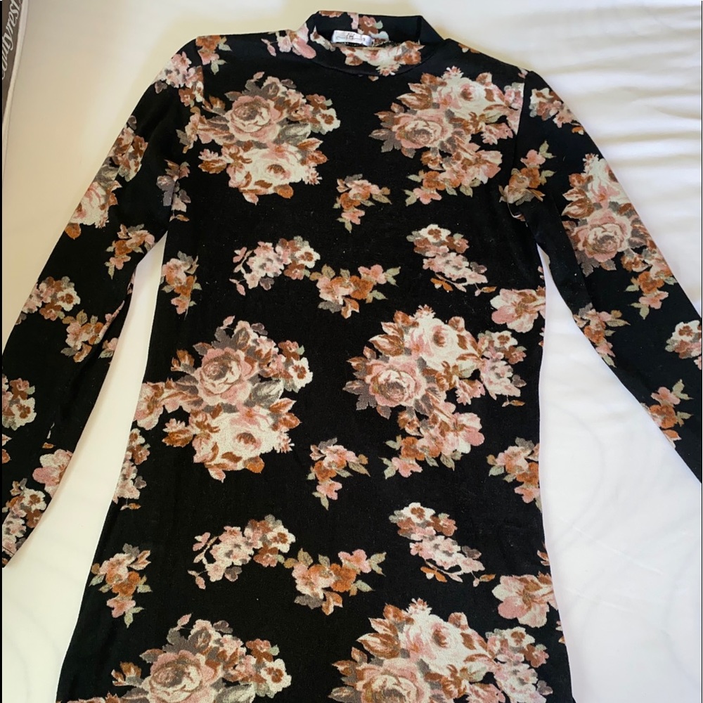Floral black mini turtle neck dress